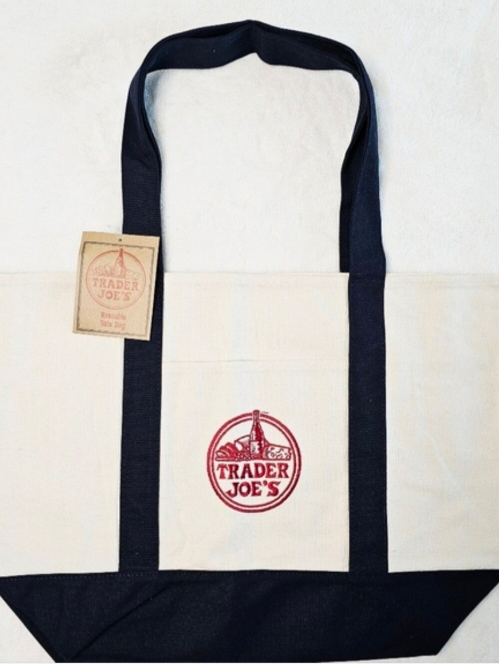 Trader Joe's Cream and Navy Blue Canvas Tote Bag